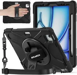 BRAECNstock Case for Apple iPad Air 11 inch (M3/M2)/ Air 5th/4th Gen 10.9"/ Pro 11 inch 4th/3rd/2nd/1st Gen, Shockproof Protective Case with Pencil Holder, Rotating Hand Strap+Stand, Black