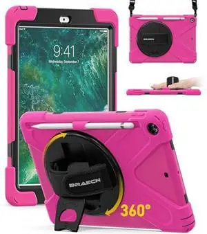 BRAECN for iPad 2018 Case, iPad 9.7 Case, Protective Shockproof Rugged Kids Case with Pencil Holder, Kickstand, Hand Strap and Shoulder Strap for iPad 9.7 Inch 6th 5th Gen 2018/2017 Tablet -Rose