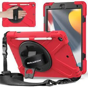 BRAECNstock for Apple iPad 9th/ 8th/ 7th Generation Case 10.2" 2021/2020/2019 Shockproof Protective Case with Screen Protecter, Pencil Holder, 360deg Rotating Stand+Hand Strap, Shoulder Strap, Red
