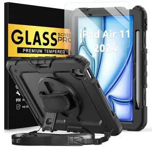 BLOSOMEET Case for iPad Air 11 Inch M3 2025 & M2 2024 with Tempered Glass Screen Protector & Pencil Holder, iPad Case Air 11" 6th Generation (A2902,A2903,A2904) with Stand Hand Shoulder Strap (Black)