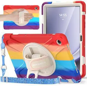 BRAECNstock Kids Case for Samsung Galaxy Tab A9+ Plus 11 inch (SM-X210/X216/X218) Shockproof Protective Case with Screen Protector Pen Holder [Rotating Hand Strap+Stand], Colorful Red