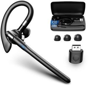 Bluetooth Headset, Wireless Earpiece with 500mAh Charging Case Hands Free Noise Canceling Headphones with Dual-Mic for Computer Cell Phones Trucker Home Office Work