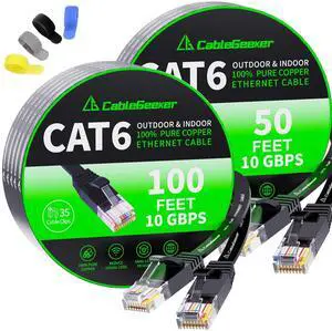 CableGeeker Cat6 Flat 100ft Black & Flat 50ft Black Ethernet Cable