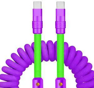 chubbycable Curly Chubby - 240W Coiled USB C Cable Spring Retractable Fast Charging Cable for Car Compatible with CarPlay, Android Auto, Purple+Green, Type-C to Type-C, 2.29FT-3.6FT