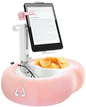 DNIWS Adjustable Tablet Pillow Stand with 360deg Rotating Holder, Detachable Snack Tray & Storage Pockets, Soft Washable Velvet for 5-12.9 Inch Devices