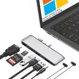 Clickfish Surface Laptop 6/5/4/3 Hub Docking Station, USB-C Hub with 4K@30Hz HDMI, 2xUSB 3.0, USB-C, SD/TF Card Slot, 3.5mm Audio for Surface Laptop 6/5/4/3/Laptop Go 3/Go2/Go