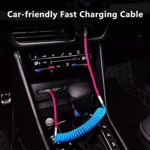 chubbycable Curly Chubby - 240W Coiled USB C Cable Spring Retractable Fast Charging Cable for Car Compatible with CarPlay, Android Auto, Blue+Red, USB-A to Type-C, 2.29FT-3.6FT