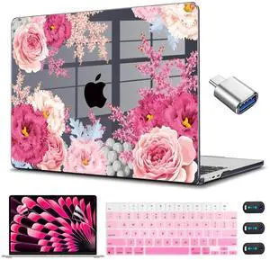CISSOOK Floral Case Cover for MacBook Air 15 Inch 2023 2024 2025 Release A2941 A3114 A3241, Plastic Hard Shell Case with Keyboard Cover USB Adapter for MacBook Air 15" M2 M3 M4, Gorgeous Flowers