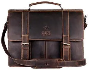 Cuero Estilo Leather Briefcase (16.1" x 12.2" x 5.5") - Handcrafted Floater Leather, Business & Travel Bag with Laptop Sleeve & Buckle Flap Closure - Durable, Stylish. (Color: Dark Brown)