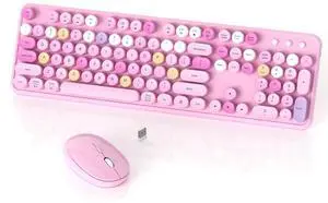 Colorful Wireless Keyboard and Mouse Combo, COVEVA 2.4GHz Wireless Retro Cute Round Keycaps Keyboard, 104 Keys Full-Sized Keyboard Mouse Set with Switch Button for PC Laptop Desktop (Pink Colorful)