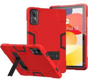 Doemoil case Cover for Xiaomi Redmi Pad SE 11 inch, Heavy Duty Shockproof Rugged Protective Case with Tempared Glass for Redmi Pad SE 11 2023 (Red/Black/1 Pcs)
