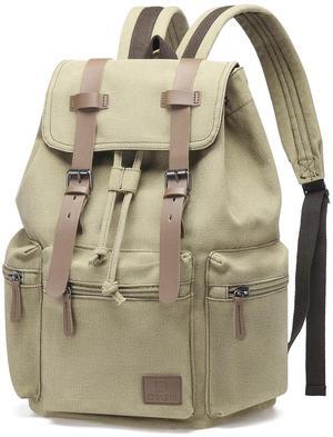 DTGN Vintage Canvas Backpack for Men & Women, Durable Casual Daypack with Leather Accent, Fits for College, Work, Travel, & Outdoor, Khaki