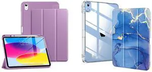 DTTO for iPad 10th Generation Case 10.9 Inch 2022, Slim Tri-fold Stand Soft TPU Back Cover and Clear Hard Back iPad 10 Case Support Pencil Holder, Auto Wake/Sleep, Orchid+Ocean Marble