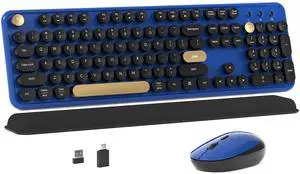 MPTOG Colorful Wireless Computer Keyboard and Mouse Combo with Round Typewriter Keycaps, Retro Design, Power Switch, Ergonomic Design, 2.4GHz Wireless for Windows, Mac, PC(Black-Blue)