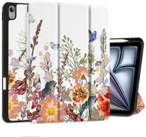 DONGKE for iPad Air 13 Inch Case M3 2025, M2 2024 - [Built-in Pencil Holder] Slim Trifold Stand Shockproof Protective Cover with Soft TPU Back Support Auto Sleep/Wake - Floral