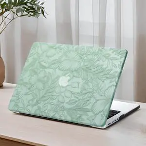 DTangLsm Compatible for MacBook Pro 16 inch Case 2024 2023 2022 2021 M4/M3/M2/M1 Pro/Max A3403 A3186 A2991 A2780 A2485, Embossed Floral Texture Faux Leather Hard Shell Case&Keyboard Cover, Green