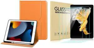 DTTO for iPad 9th/8th/7th Generation 10.2 Inch Case 2021/2020/2019, Premium Leather Business Folio Stand Cover with 3 Pack HD Clear Tempered Glass Screen Protector, Orange