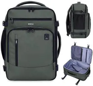 ECOHUB 17" Small Travel Backpack, United Airlines Personal Item Bag 17x10x9 with 16 Pockets, Water Resistant Rucksacks Fit 15.6" Laptop, AirTag Pocket, Lightweight Casual Daypack, 25L, Green