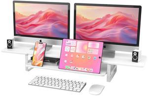 ECO-WILL Dual Monitor Stand, 2 Tier Wood Monitor Riser with Pad, Phone Holder, Storage Organizer, Cable Management, White