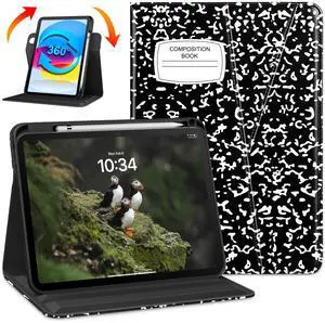 DTTO Rotating Case for iPad (A16) 11th Generation 11 Inch 2025, iPad 10th Generation 10.9 Inch 2022, 360 Degree Swiveling Premium Leather Folio Stand Cover with Pencil Holder, Composition Book