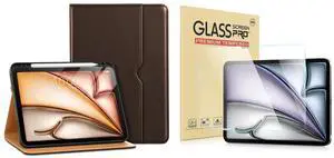 DTTO for iPad Air 11-inch Case M2 (2024) Dark Brown and 1 Pack 9H Hardness Tempered Glass Film