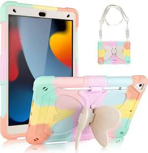 DreamerX iPad 10.2 9th/8th/7th Generation Case, iPad Air 3rd Gen 10.5" 2019 for Girls Cute Kawaii Girly Butterfly Silicone Protective Cute Cover w/Stand Shoulder Strap Pen Holder for Women Teen, Pink
