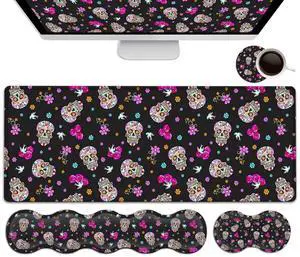 Gaming Mouse Pad Set, Large Mouse Pad and Ergonomic Memory Foam Keyboard Wrist Rest Support, Easy Typing Pain Relief Writing Mat, Extended Office Desk Mat Cute Funy Sugar Skull Black Mouse Pad