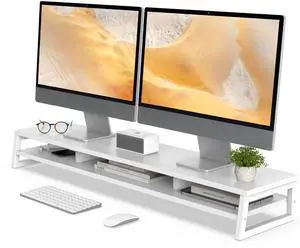 Fenge Dual Monitor Stand for Desk, 42.5in Large Monitor Riser for 2 Monitors, 2 Tier Computer Office Desk Top Shelf, Desktop Storage Stand for Laptop, PC, Computer, Printer