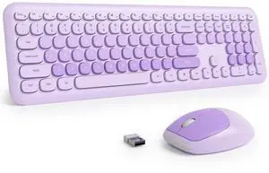 Fogruaden Quiet Purple Wireless Keyboard and Mouse, 2.4GHz Retro Cute Typewriter-Style Full-Size Colorful Keyboard and Mouse Combo, Slim Design, Low-Noise Typing for Home, Office, Windows PC, Laptop