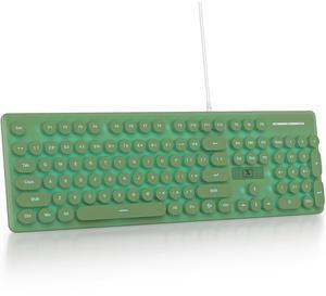 Fogruaden Wired Retro Typewriter Keyboard, Quiet Full Size Membrane Keyboard Light Up, Dark Green Cute Computer Keyboards, 104 Round Keys, Blue LED Backlit, Slim, Silent for Windows PC, Laptop