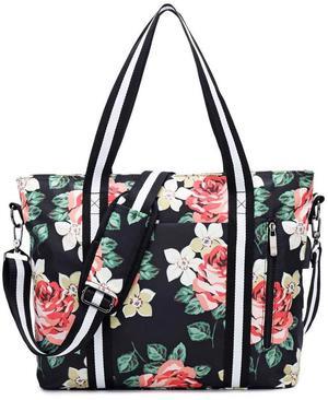 AM SeaBlue Laptop Tote Bag for Women 17.3" RFID Floral Shoulder Messenger Bags Work Handbag Duffel Travel (Black)