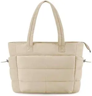 Women Puffer Tote Bag for Work Quilted Puffy Handbag with Laptop Compartments Lightweight Shoulder Bag Casual Handbag with Pockets for Nurse Teacher School