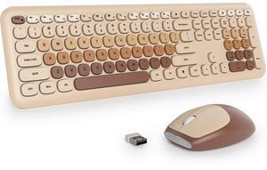 Fogruaden Quiet Brown Wireless Keyboard and Mouse, 2.4GHz Retro Cute Typewriter-Style Full-Size Colorful Keyboard and Mouse Combo, Slim Design, Low-Noise Typing for Home, Office, Windows PC, Laptop