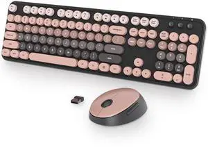 Fogruaden Pink Keyboard and Mouse Wireless, Retro Typewriter Keyboard, 2.4GHz 104 Keys Full Size Cute Keyboard with Number Pad, Gradient Colorful Round Keycaps for Windows PC Desktops Laptop