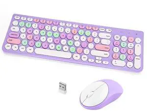 Wireless Keyboard and Mouse Combo, Retro Typewriter Wireless Keyboard with Round Keycaps, 2.4GHz USB Cute Wireless Keyboard Mouse for Computer, Desktop, Laptop (Purple Colorful)