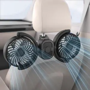 Rechargeable Dual-Head Fan for Car: USB Cooling Backseat Fans for Baby with 360deg Rotatable 3-Speed Separate Controlled 16H Runtime 12V Auto Electric Air Ventilation Cooler For Vehicle SUV RV Trunk
