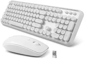 Wireless Keyboard and Mouse Combo - Cute Round Keycaps, Full-Size Retro Typewriter Keyboard with 2.4GHz Plug & Play, for Windows 11/10/7, Laptop, PC, Notebook, Smart TV (White)