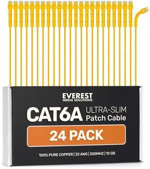 Everest Ultra Slim Cat6a Ethernet Patch Cables 10ft (24-Pack) Yellow - 10GB Cat 6a Patch Cable - Bendable, Flexible & Thin Ethernet Cable - Space Saving 32AWG 550MHZ Cat6a Cables - 100% Copper Wires