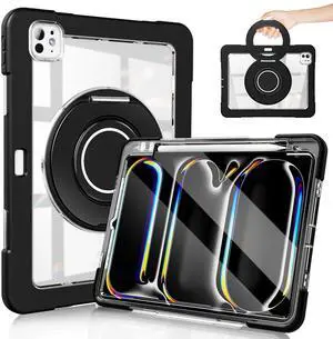 for iPad Pro 11 Inch Case 2024 5th Generation (M4) - with Pencil Holder/Screen Protector/Rotating Stand, Clear Slim Heavy Duty Shockproof Rugged Protective Cover for iPad Pro 11 5th Gen (Black)