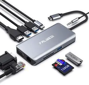 USB C Hub, Type C Adapter, FALWEDI 10-in-1 Dongle with Ethernet, 4K@30Hz HDMI, VGA, 3 USB3.0, SD/TF Card Reader, Mic/Audio, USB-C PD 3.0, Compatible for MacBook Air Pro and Other Type C Laptops