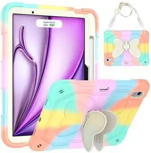 HOGENL Case for iPad Air 11-inch (M2 and M3) for Kids Girls with Stylus Holder, Cover for iPad Air 6th 2024/2025 with Butterfly Stand, Carrying Strap, Heavy Duty Full Body Protective - Colorful