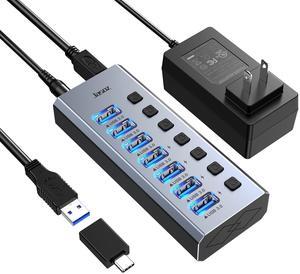 KAGO Powered USB Hub 3.0 with ac Adapter -7 USB 3.0 Data Transfer Ports, 4 Charging Ports with Individual On/Off Switches, Power Adapter Included