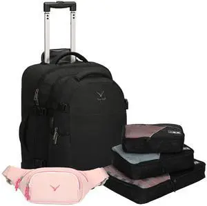 Hynes Eagle 2 in 1 Travel Backpack 22 inches Carry on Luggage 63L Rolling Backpack for Men Women with Packing Cubes 3PCS Set Black Waist Pack Pink