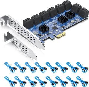 H!Fiber 16 Port PCIe SATA Card, SATA3.0 Expansion Card, X1, with 16 SATA Cable, Support SSD and HDD