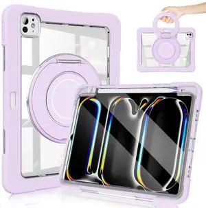 for iPad Pro 11 Inch Case 2024 5th Generation (M4) - with Pencil Holder/Screen Protector/Rotating Stand, Clear Shockproof Rugged Protective Cover for iPad Pro 11 5th Gen (Purple)