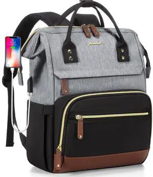 Focdod Laptop Backpack for Women Bag 15.6 Inch Work Business Backpacks Purse with USB Port Large Capacity Nurse Bag Backbag, Waterproof Casual Daypack for Travel, Black-Grey-Brown