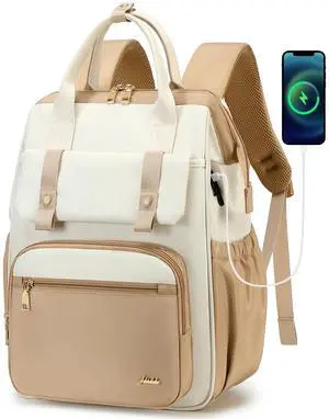 Hidds Laptop Backpack for Women 15.6 In Work Business Computer Bag School College Backpacks Commuter Back Pack Purse Girls Nursing Bookbag Womens Anti Theft Travel Daypack with USB Port - Khaki Beige