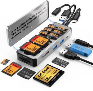 8in1 SD Card Reader,Aluminum Multi Memory Card Carrying Box SD/TF/CF/MS/XD/USB3.0 * 2 Port Card Reader Adapter for Phone/Pad/PC/Laptop/USB C and USB A Devices,No Application Required Plug and Play