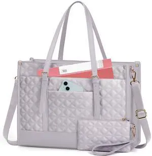 IGOLUMON Laptop Bag for Women 15.6 Inch Vegan Leather Work Tote Bag Quilted Womens Briefcase Designer Laptop Bags for Office Teacher College Cute Computer Bag with Purse Professional Grey Purple