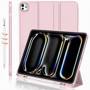 iMieet iPad Pro 13 Inch Case M4 (2024) with Pencil Holder, [Support Pencil Pro and Pencil (USB-C)],Trifold Stand Smart Case with Soft TPU Back, Auto Wake/Sleep (Pink)